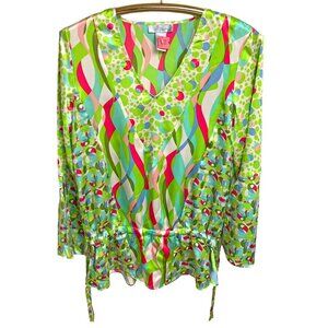 Spiegel Silk Abstract Print Bell‎ Sleeve Drawstring Tunic Styled Blouse